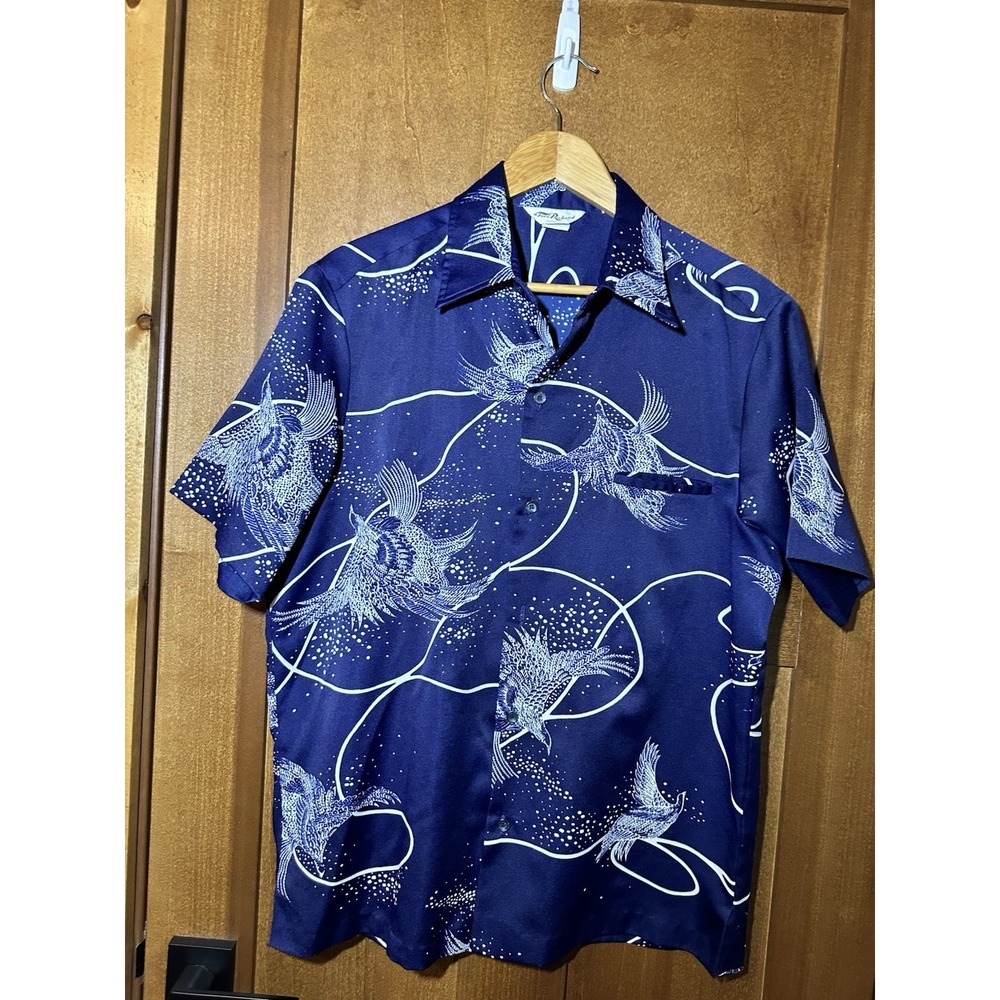 Tori Richard Shirt Mens Large Blue Leaf Print Hawaiian Aloha Button Up Resort